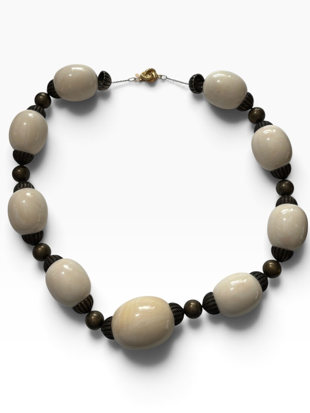 Vintage 1970s Chunky Cream Lucite Bead Necklace Brass Tone Spacer Statement